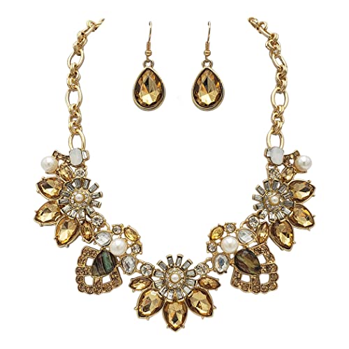 Mesmerizing Art Deco Crystal Flowers Statement Necklace Earrings