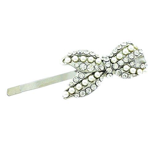 Faux Pearl and Crystal Ribbon Bobby Pin Hair Clip (Silver Tone)