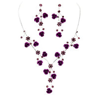 Rosemarie Collections Women's Elegant Crystal Rhinestone And Metal Relief Rose Statement Necklace Earrings Set, 14.5"+4" Extender (Purple)