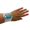 Cowgirl Chic Western Semi Precious Turquoise Howlite Stone Hammered Silver Tone Open Cuff Statement Bracelet, 8"