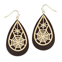Spooktacular Gold Tone Spider Web On Black Vegan Leather Teardrop Halloween Earrings, 3"