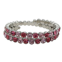Stunning Double Pink Crystal Rhinestone Flexible Silver Tone Coil Wrap Around Cuff Bracelet, 7.5"