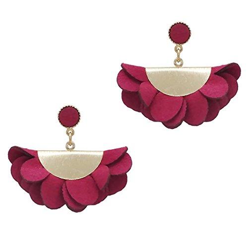 Fabric Flower Dangle Drop Earrings (Cranberry)