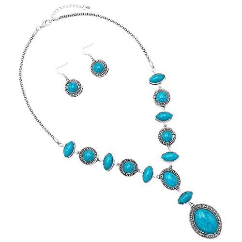 Rosemarie & Jubalee Women?Ã‡Ã–s Statement Cowgirl Western Boho Style Natural Dyed Howlite Stone Necklace and Earrings Set, 22"+2" Extender (Turquoise Blue)
