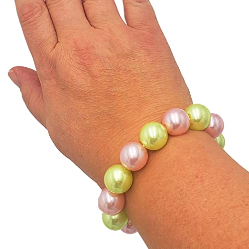 Stunning Statement Stretch Pink And Green 15.5mm Pearl Beaded Bracelet, 6.75"