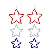 Sparkling Extra Long Patriotic Red White And Blue Crystal Star USA Earrings, 3.5"