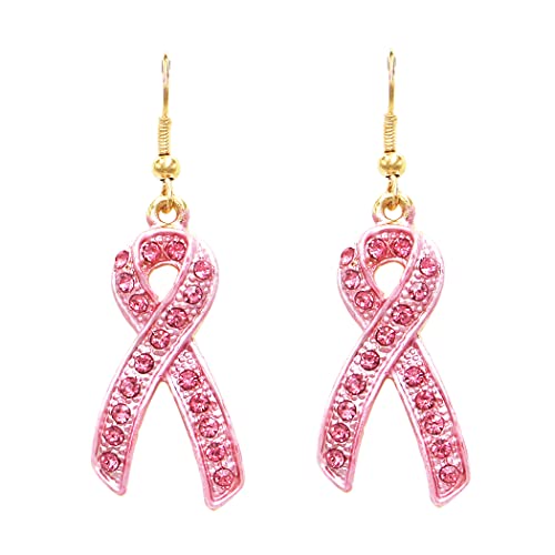 Breast Cancer Awareness Enamel Pink Ribbon With Crystal Rhinestones Dangle Earrings, 2