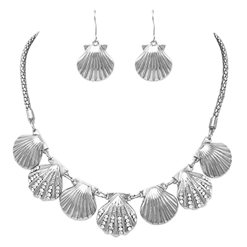 Stunning Polished Metal Seashell Crystal Necklace And Earrings Set, 15"+3" Extender (Silver Tone)
