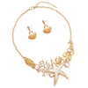 Stunning Enamel Sea Creatures And Simulated Pearl Collar Necklace Earrings Set, 12"+3" Extender (Cream Starfish Gold Tone)