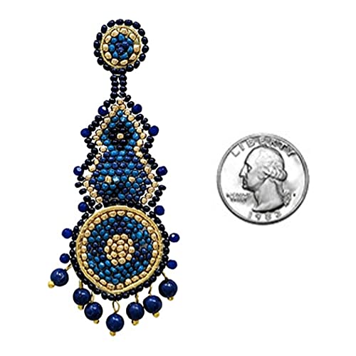 Peyote Stitch Seed Bead With Fringe Statement Post Earrings, 3.25" (Navy Blue)
