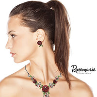 Stunning 3D Metal And Crystal Red Rose And Polished Hematite Vine Necklace Lever Back Post Earrings Gift Set, 16"+3" Extension