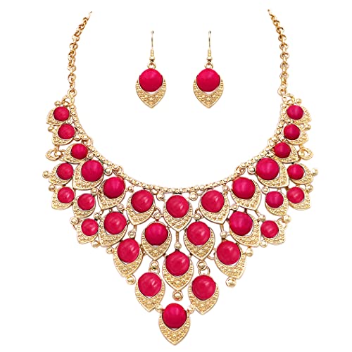 Colorful Bohemian Gypsy Statement Bib Necklace With Drop Earrings Jewelry, 13"+3" Extender (Red)