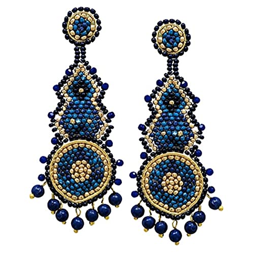 Peyote Stitch Seed Bead With Fringe Statement Post Earrings, 3.25" (Navy Blue)