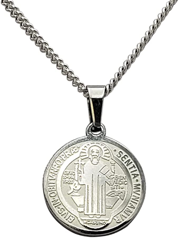 Stainless Steel Saint Benedict Double Sided Medallion Pendant On