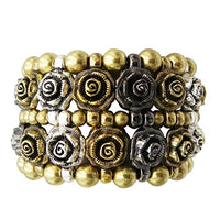 Vintage Chic 3D Metal Rose And Ball Bead Multitone Metal Chunk Statement Stretch Bracelet, 6.5"