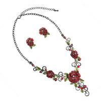 Stunning 3D Metal And Crystal Red Rose And Polished Hematite Vine Necklace Lever Back Post Earrings Gift Set, 16"+3" Extension