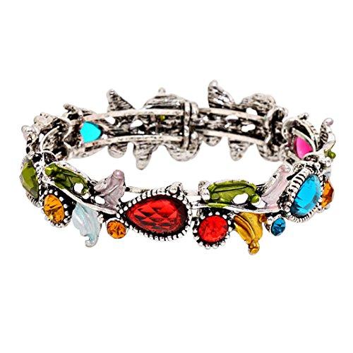 Leaf Vine Glass Crystal Fashion Cuff Bracelet (Antique Silver Tone/Multi)