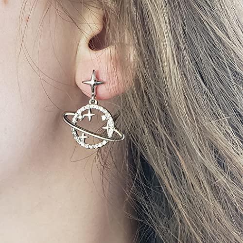 Women's Stunning Silver Tone Stars And Planet Saturn Statement Making Crystal Rhinestone Celestial Space Hypoallergenic Post Earrings, 1.12