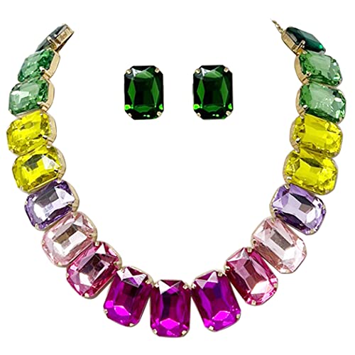 Stunning And Colorful Emerald Cut Crystal Rhinestone Statement Necklace Earrings Bridal Gift Set, 16.5