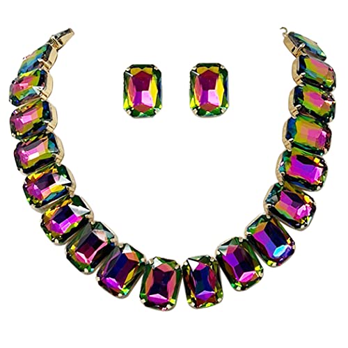 Stunning And Colorful Emerald Cut Crystal Rhinestone Statement Necklace Earrings Bridal Gift Set, 16.5