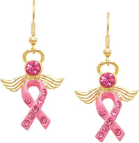 Gold Tone Breast Cancer Awareness Pink Ribbon Enamel And Crystal Angel Dangle Earrings, 1.75"