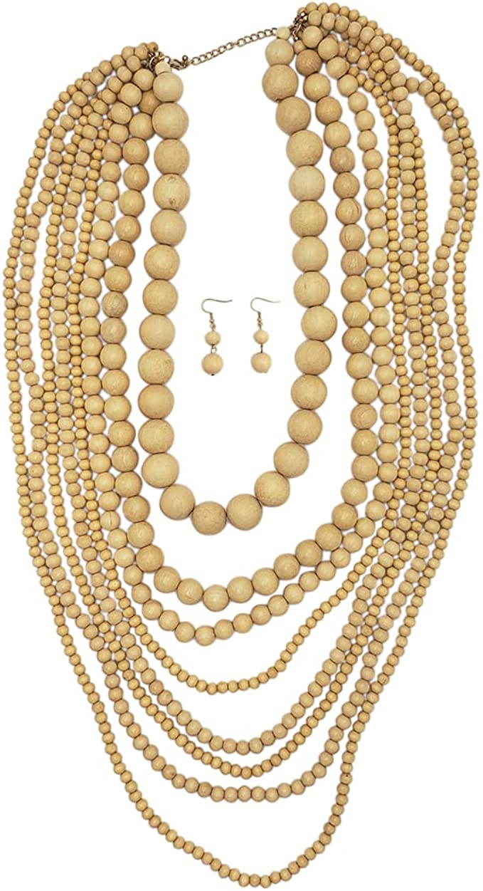 Stunning Statement Bohemian Style Natural Wooden Bead Cascading Multi Strand Necklace Earrings Jewelry Gift Set, 26"+3" Extender