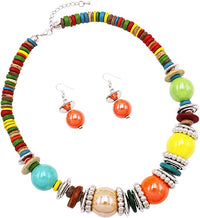 Colorful Boho Bauble Glass And Wooden Bead Bib Necklace Drop Earrings Gift Set, 20"+3" Extender (Rainbow With Orange)