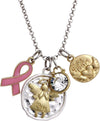 Breast Cancer Awareness Pink Ribbon Keepsake Angel Charms Two Tone Pendant Necklace, 16"+3" Extender