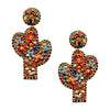 Unique Decorative Seed Bead Western Style Cactus Post Dangle Earrings, 3.5"