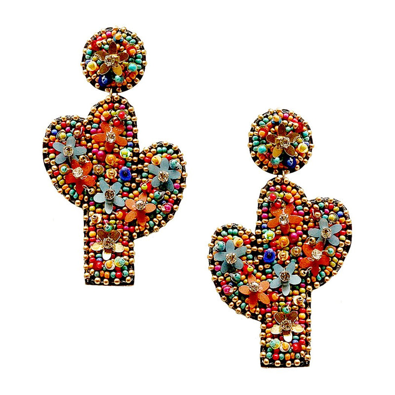Unique Decorative Seed Bead Western Style Cactus Post Dangle Earrings, 3.5"