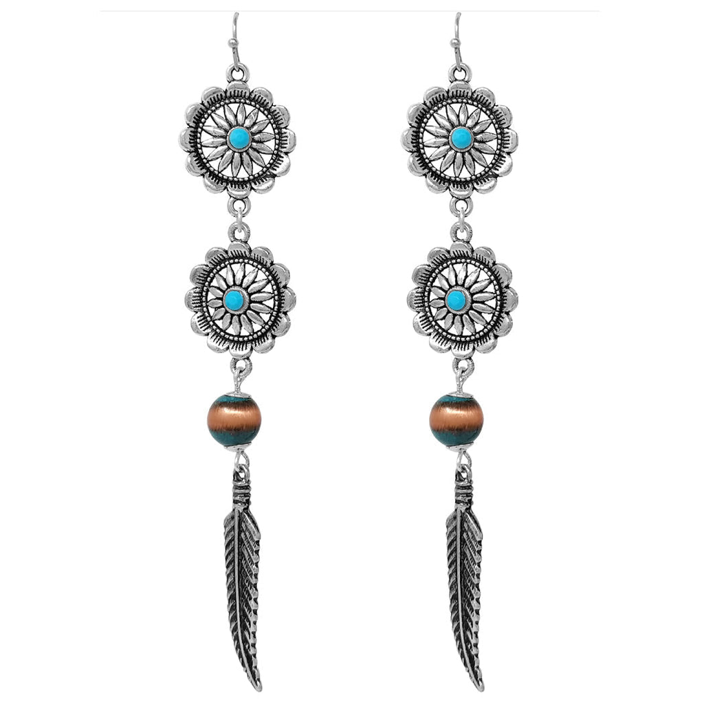 Stunning Shoulder Duster Length Decorative Western Metal Feather With Turquoise Accents Dangle Earrings, 4.5