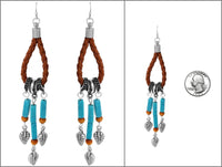 Wild Western Burnished Metal Feather With Vegan Suede Hoops And Howlite Stones Shoulder Duster Earrings, 4.25"