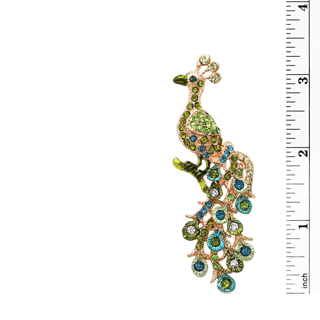 Stunning Pave Crystal Colorful Peacock Bird Statement Brooch Pin (Gold Tone Blue Green Crystal, 3.25