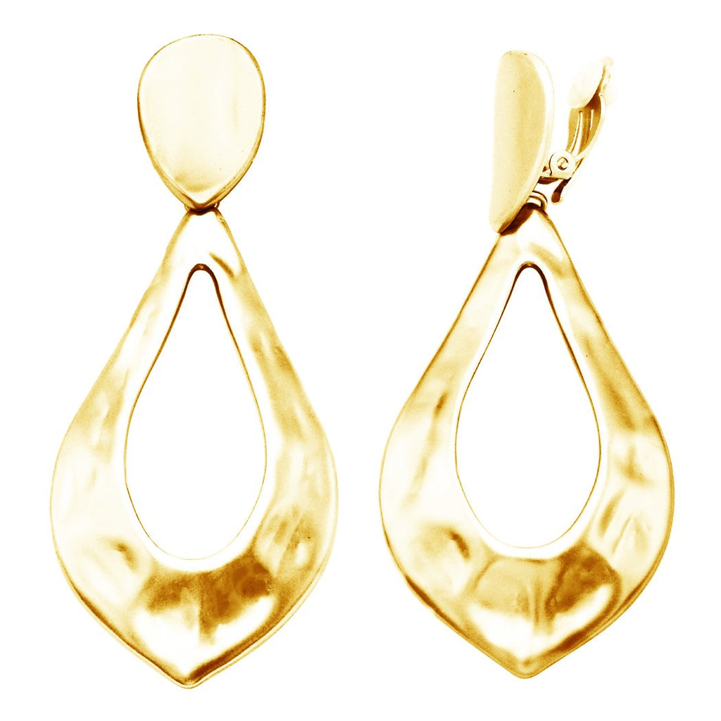Statement Matte Hammered Metal Teardrop Hoop Dangle Clip on Style Earrings, 3.5
