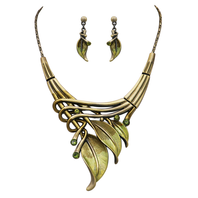 Rosemarie & Jubalees Women's Unbe-leaf-ably Stunning Crystal Accented Textured Metal Leaf Statement Necklace Earrings Set, 14"-17" with 3" Extender (Green/Burnished Gold Tone)