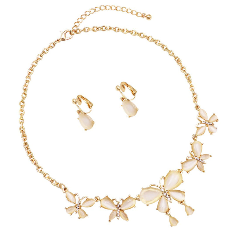 Classic Beautiful Statement Resin and Crystal Butterfly Collar Necklace and Clip on Earring Jewelry Set