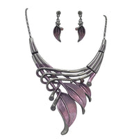 Unbe-leaf-ably Stunning Crystal Accented Textured Metal Leaf Statement Necklace Earrings Set, 14"+3" Extender (Purple Leaf Shades Of Purple Crystal Hematite Tone)