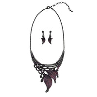 Unbe-leaf-ably Stunning Crystal Accented Textured Metal Leaf Statement Necklace Earrings Set, 14"+3" Extender (Purple Leaf Shades Of Purple Crystal Hematite Tone)