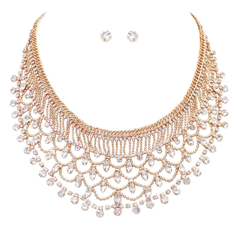 Vintage Design Crystal Rhinestone and Beaded Collar Necklace and Earrings Set (Gold)