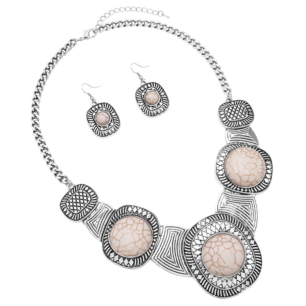 Western Style Concho with Natural Howlite Necklace Earring Jewelry Gift Set, 16
