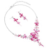 Stunning Crystal Accented Enamel Textured Metal Butterfly Necklace Earrings Set, 14"-17" with 3" Extender (Pink)
