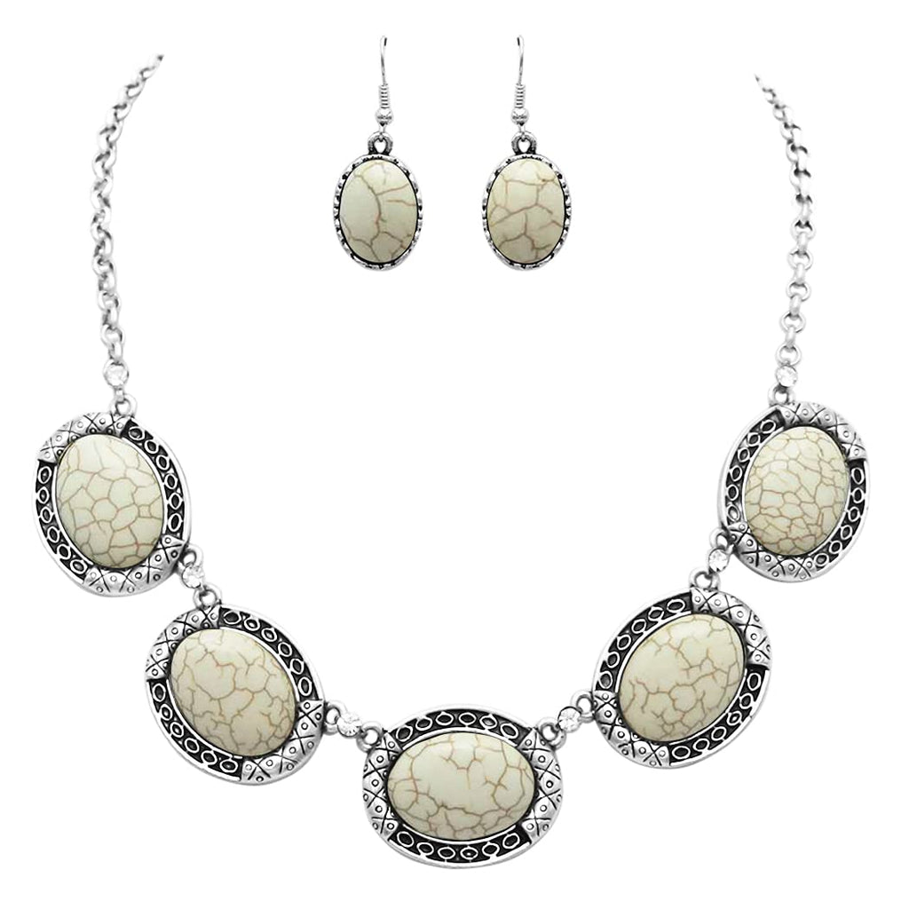 Western Style Concho Oval Howlite Stones With Dainty Crystal Rhinestone Detail Statement Necklace Earrings Set, 17