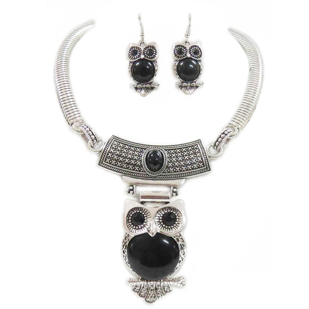 Western Style Semi Precious Howlite Stone Hootiful Wise Owl Collar Necklace Dangle Earrings, 10