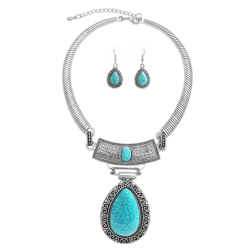 Cowgirl Chic Western Style Large Statement Concho Medallion With Natural Turquoise Howlite Collar Necklace Earrings Set, 10"+3" Extender (Teardrop Swirl, Turquoise Howite)