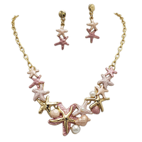 Stunning Enamel Starfish And Shells With Simulated Pearl Collar Necklace Earrings Gift Set, 16"+3" Extender (Coral Pink Gold Tone)