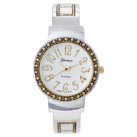 Unique Polished Metal with Intricate Caviar Detail on Bezel Hinged Cuff Bracelet Watch, 2.25 (Two Tone Silver Gold)