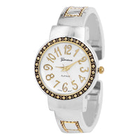 Unique Polished Metal with Intricate Caviar Detail on Bezel Hinged Cuff Bracelet Watch, 2.25 (Two Tone Silver Gold)