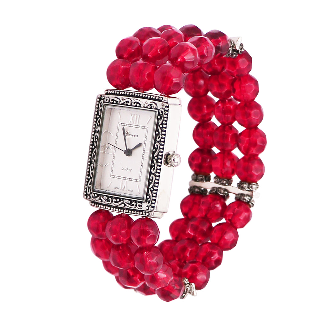Stylish Burnished Silver Rectangular Face On Red Crystal Bead Stretch Bracelet Watch, 2.50