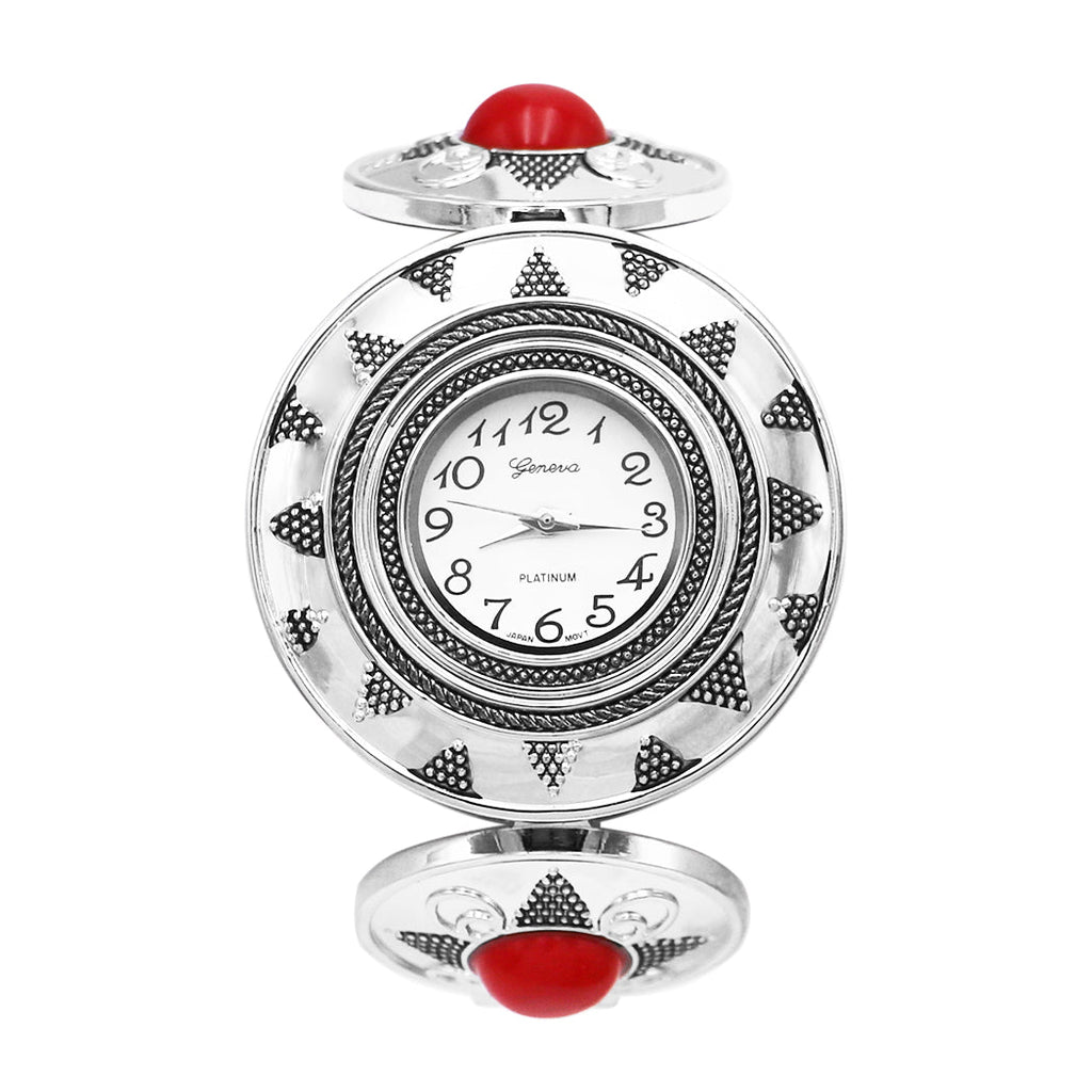 Geneva Classic Round Face Colored Natural Stone Link Band Bracelet Watch