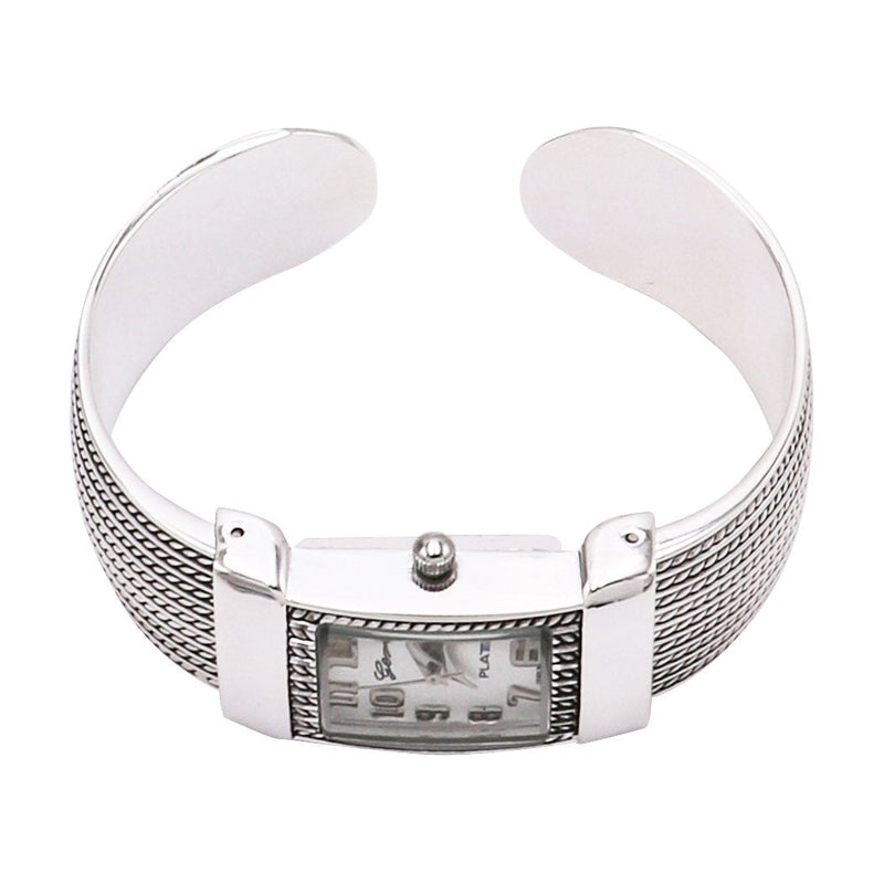 Women's Stylish Burnished Silver Tone Textured Rope Hinged Cuff Bracelet With Rectangular Face Fashion Watch